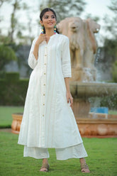 White Cotton Dobby Printed A-Line Kurta With Mask